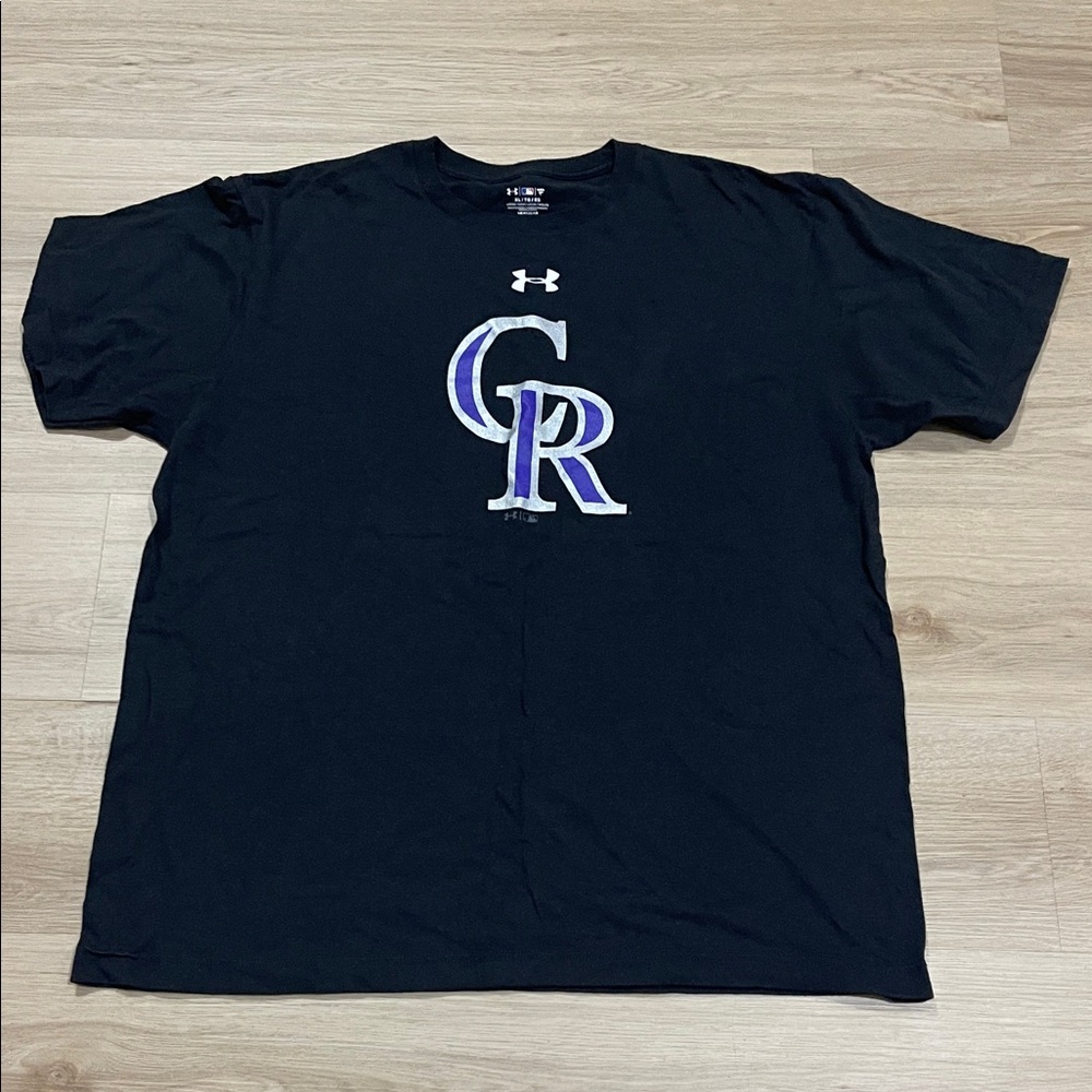 Under Armour Men's Black Tee with Purple and White Logo